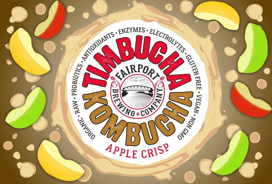 The Apple Crisp label: apple slices around the Timbucha Kombucha seal