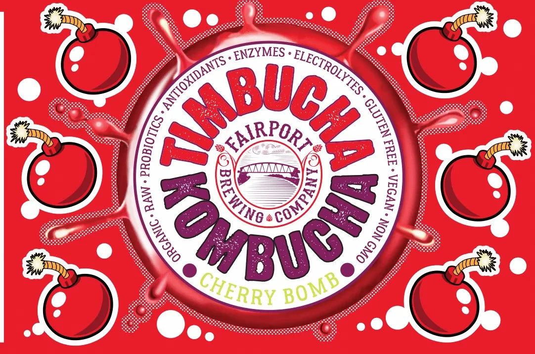 The Cherry Bomb label: cartoon cherry bombs around the Timbucha Kombucha seal