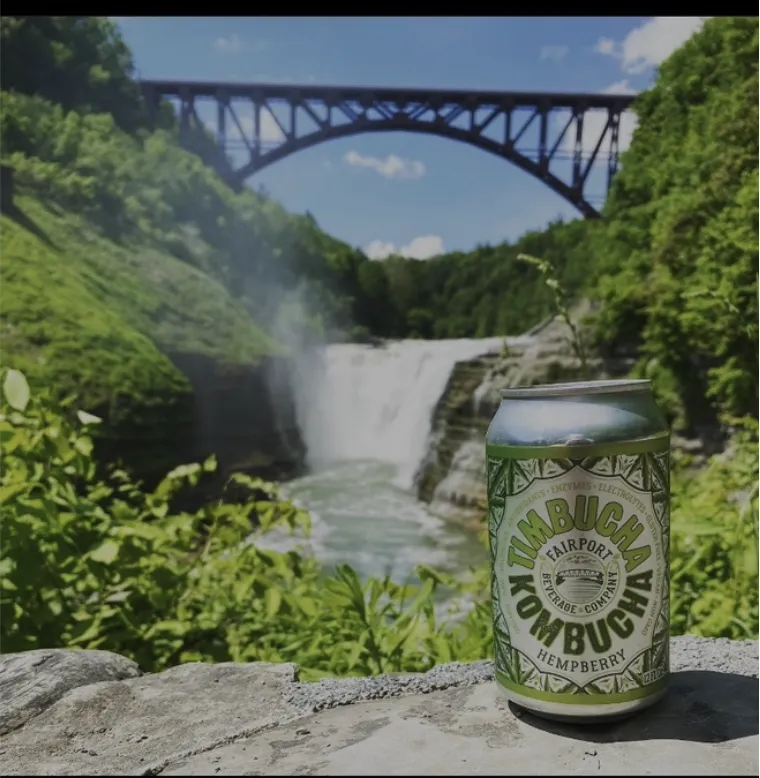 A can of Timbucha Hempberry on a rock ledge in front of a waterfall and a railway bridge