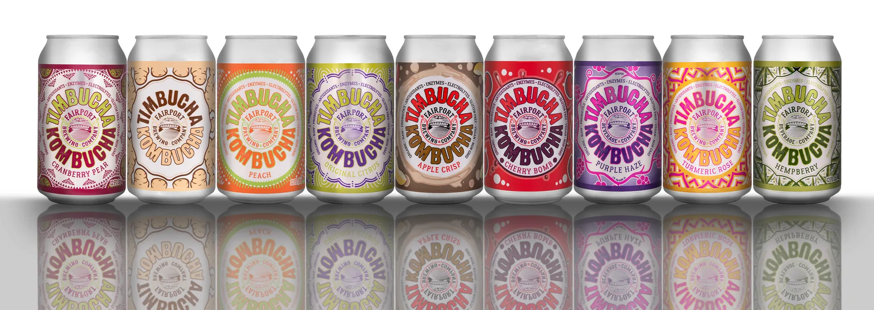 Nine Timbucha Kombucha cans in a row — Cranberry Pear, Bubelary, Peach, Original Citrus, Apple Crisp, Cherry Bomb, Purple Haze, Turmeric Rose and Hempberry