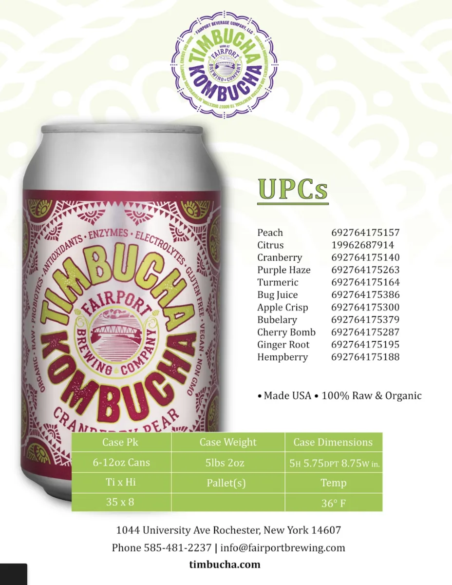 The Timbucha wholesale spec sheet: a can of Cranberry Pear beside the UPC list and case details